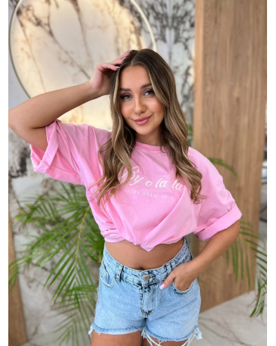 T-shirt oversize z napisem By o la la...! sugar pink