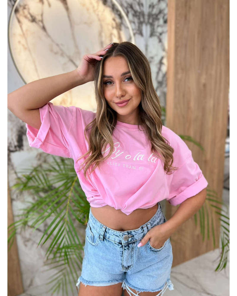 T-shirt oversize z napisem By o la la...! sugar pink