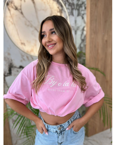 T-shirt oversize z napisem By o la la...! sugar pink