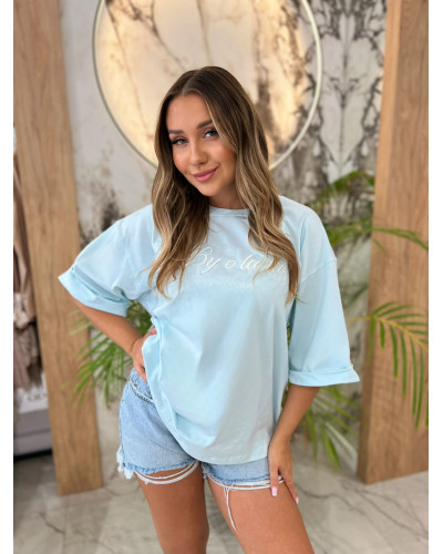 T-shirt oversize z napisem By o la la...! miętowy