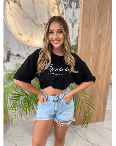 T-shirt oversize z napisem By o la la...! czarny