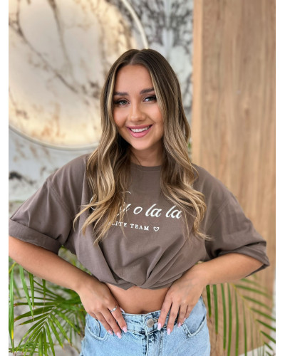 T-shirt oversize z napisem By o la la...! kakao