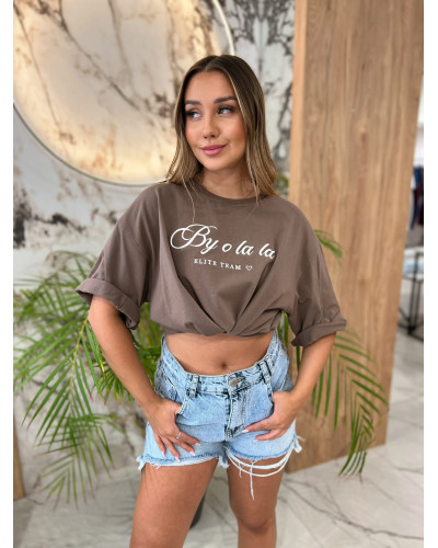 T-shirt oversize z napisem By o la la...! kakao