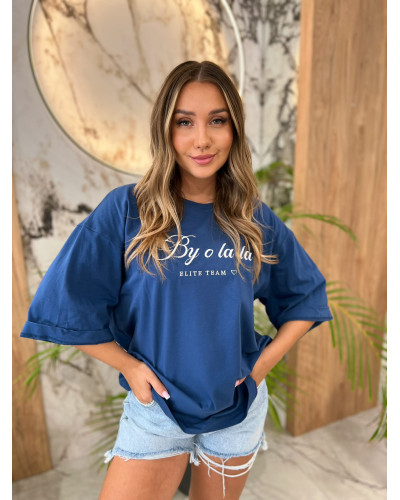 T-shirt oversize z napisem By o la la...! denim
