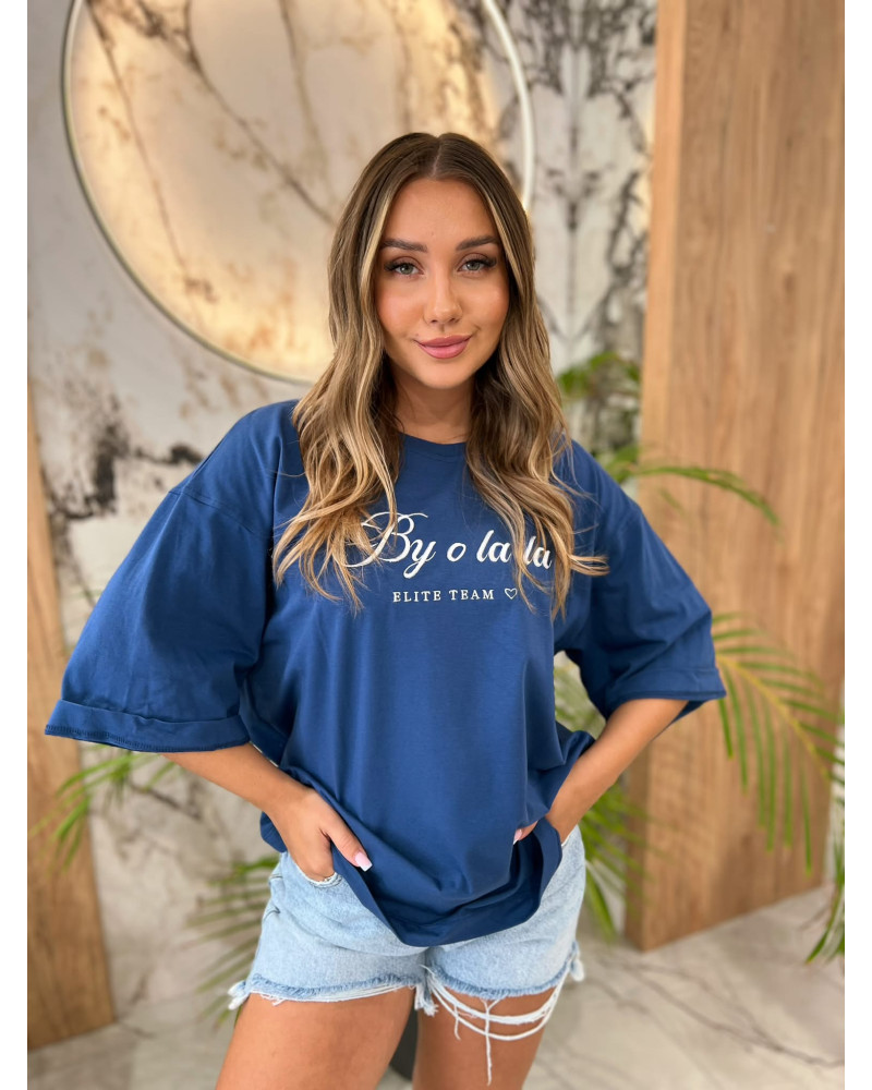 T-shirt oversize z napisem By o la la...! denim