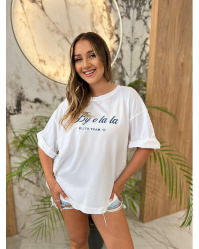 T-shirt oversize z napisem By o la la...! biały z denim