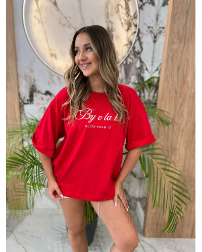 T-shirt oversize z napisem By o la la...! red kiss