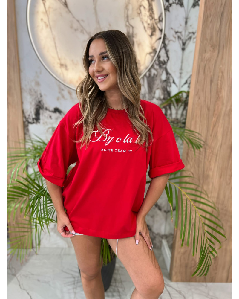 T-shirt oversize z napisem By o la la...! red kiss