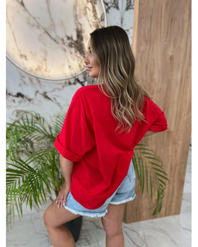 T-shirt oversize z napisem By o la la...! red kiss