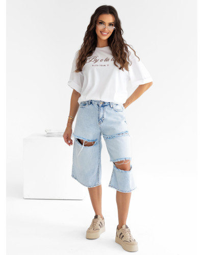 T-shirt oversize z napisem By o la la...! biały z kakao