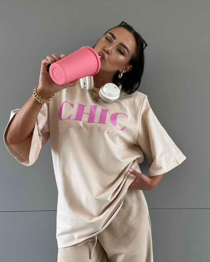 T-shirt oversize CHIC La Milla beżowy z różem