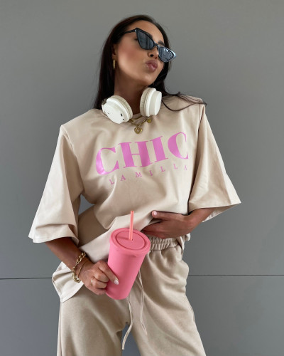 T-shirt oversize CHIC La Milla beżowy z różem