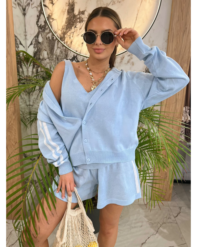 Komplet dzianinowy z lampasem top + spodenki By o la la...! błękitny