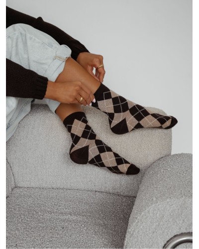 Skarpetki prążkowane Sweet Lace czekoladowe w beżowe romby