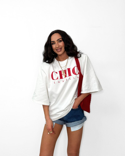 T-shirt oversize CHIC La Milla śmietanowy z czerwonym