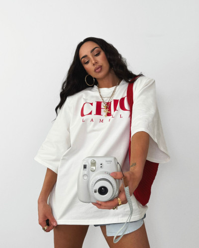T-shirt oversize CHIC La Milla śmietanowy z czerwonym