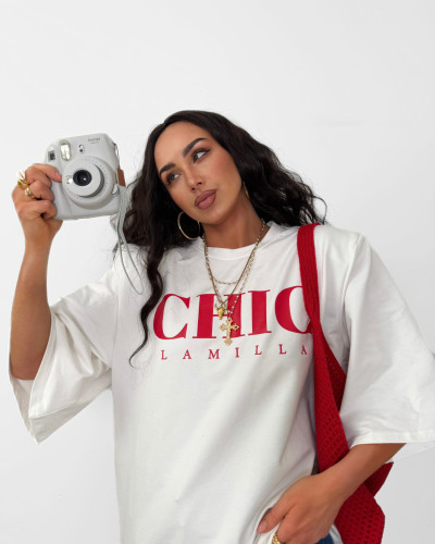 T-shirt oversize CHIC La Milla śmietanowy z czerwonym