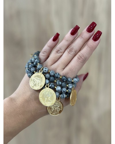 Bransoletka z szarego jaspisu By o la la...! ze złotą monetą