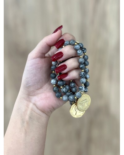 Bransoletka z szarego jaspisu By o la la...! ze złotą monetą