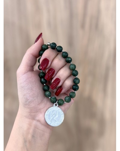 Bransoletka z zielonego jadeitu By o la la...! ze srebrną monetą