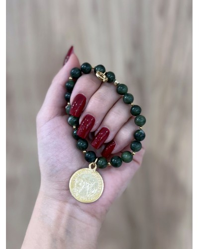 Bransoletka z zielonego jadeitu By o la la...! ze złotą monetą