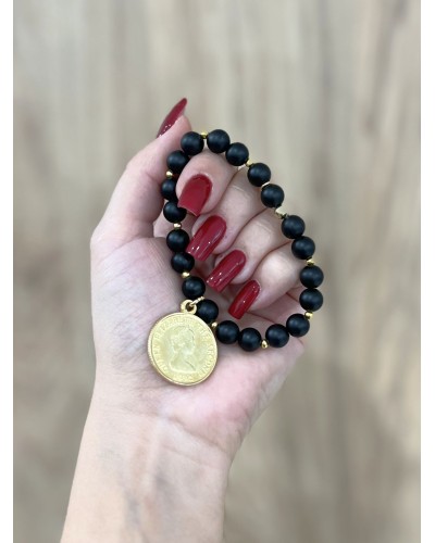 Bransoletka z kamienia wulkanicznego By o la la...! ze złotą monetą