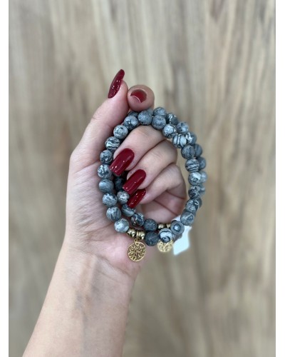 Bransoletka szary kamień By o la la...! ze złotą zawieszką