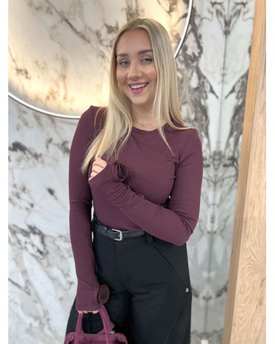 Basic prążkowany z różą na rękawie By o la la...! śliwkowy