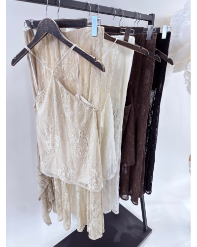 Komplet koronkowy top halter + spodnie By o la la...! kakaowy