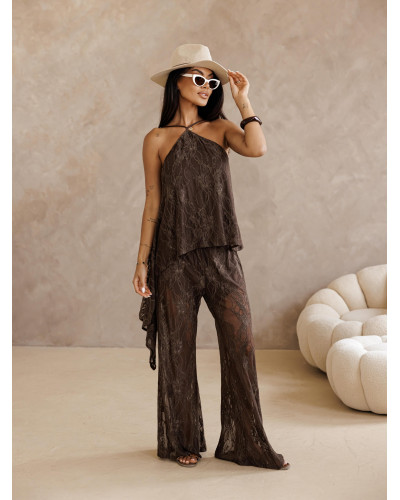 Komplet koronkowy top halter + spodnie By o la la...! kakaowy