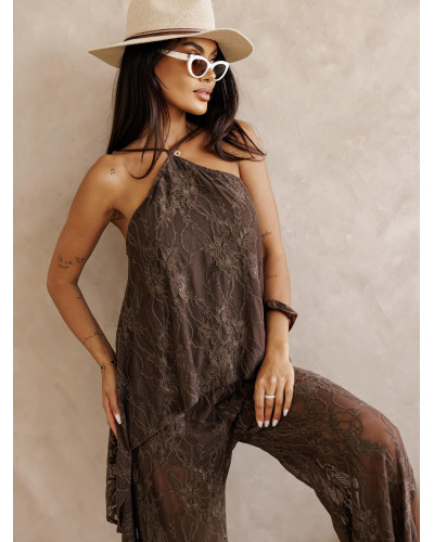 Komplet koronkowy top halter + spodnie By o la la...! kakaowy