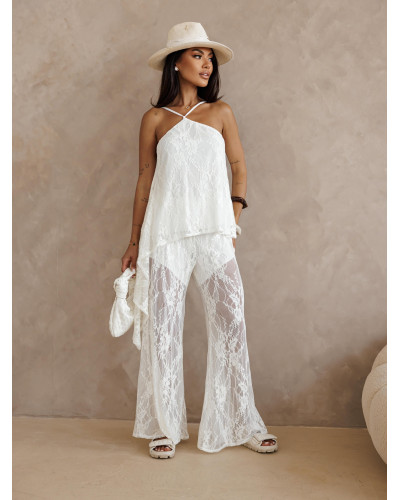 Komplet koronkowy top halter + spodnie By o la la...! śmietanowy