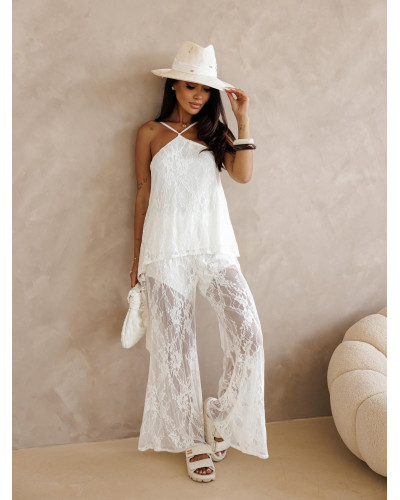 Komplet koronkowy top halter + spodnie By o la la...! śmietanowy