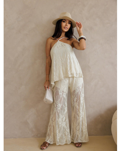 Komplet koronkowy top halter + spodnie By o la la...! beżowy