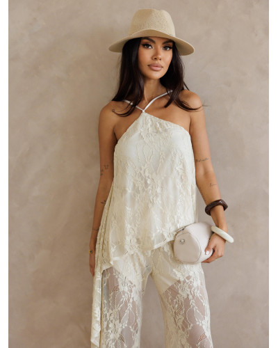 Komplet koronkowy top halter + spodnie By o la la...! beżowy