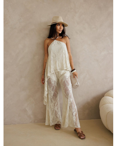 Komplet koronkowy top halter + spodnie By o la la...! beżowy