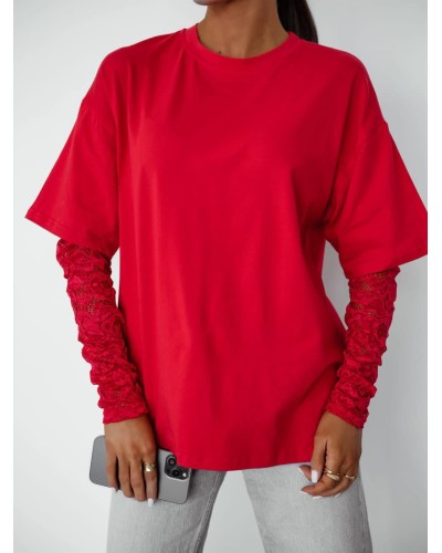 T-shirt z koronkowym rękawem czerwony