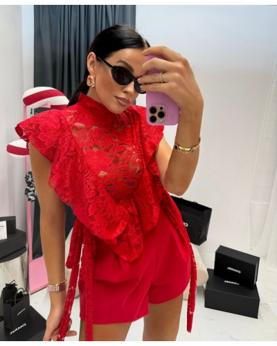 Koronkowa bluzka z falbanką La Milla czerwona