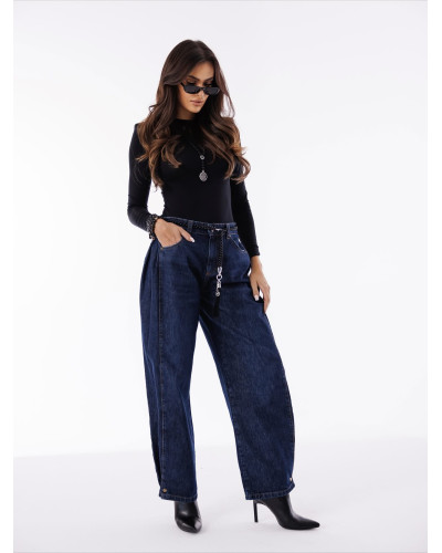 Spodnie jeansowe z zakładkami By o la la...! ciemny jeans