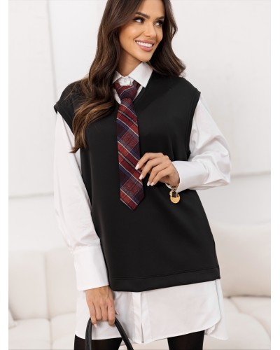 Sukienka koszulowa z kamizelką i krawatem By o la la...! czarny z merlotem