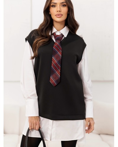 Sukienka koszulowa z kamizelką i krawatem By o la la...! czarny z merlotem