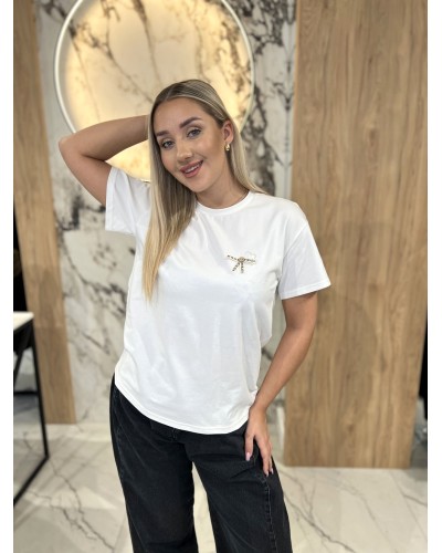 T-shirt z logowaną kokardką By o la la..! śmietankowy