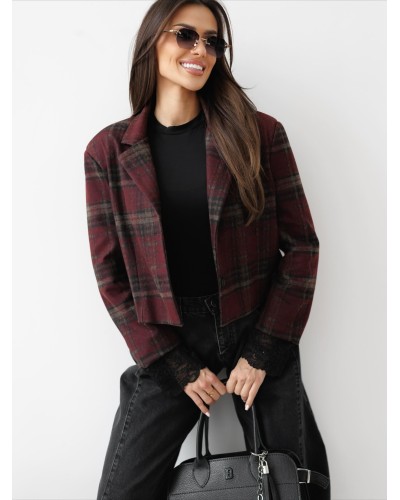 Marynarka w kratę z koronkowym mankietem By o la la...! merlot