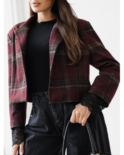 Marynarka w kratę z koronkowym mankietem By o la la...! merlot
