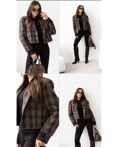 Marynarka w kratę z koronkowym mankietem By o la la...! chocomuss z szarością