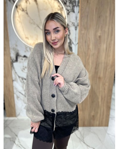 Kardigan z koronkowym wykończeniem By o la la...! beżowy