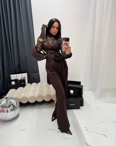 Spodnie materiałowe z różą La Milla czekoladowe