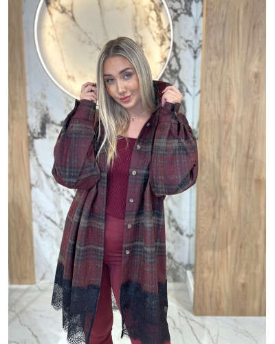 Koszula w kratę z koronkowym wykończeniem By o la la...! merlot