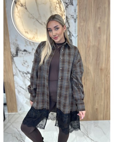 Koszula w kratę z koronkowym wykończeniem By o la la...! chocomus z szarym