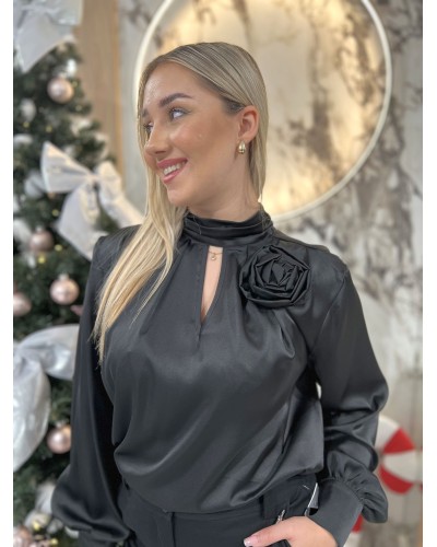 Bluzka koszulowa z różą By o la la...! czarna